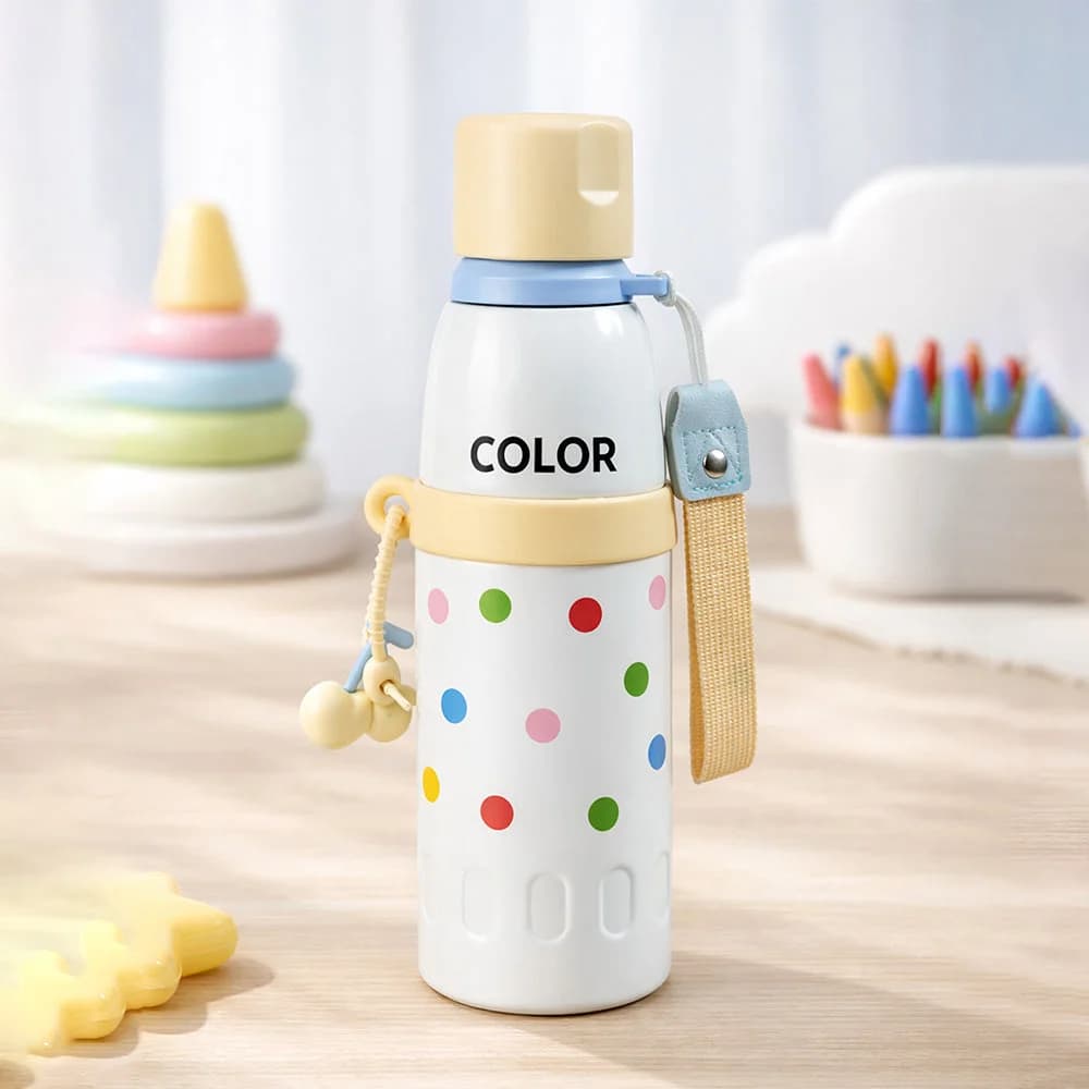 Yellow Polka Dots Stripes Cap Series, Stainless Steel Kids Water Bottle , 520ml