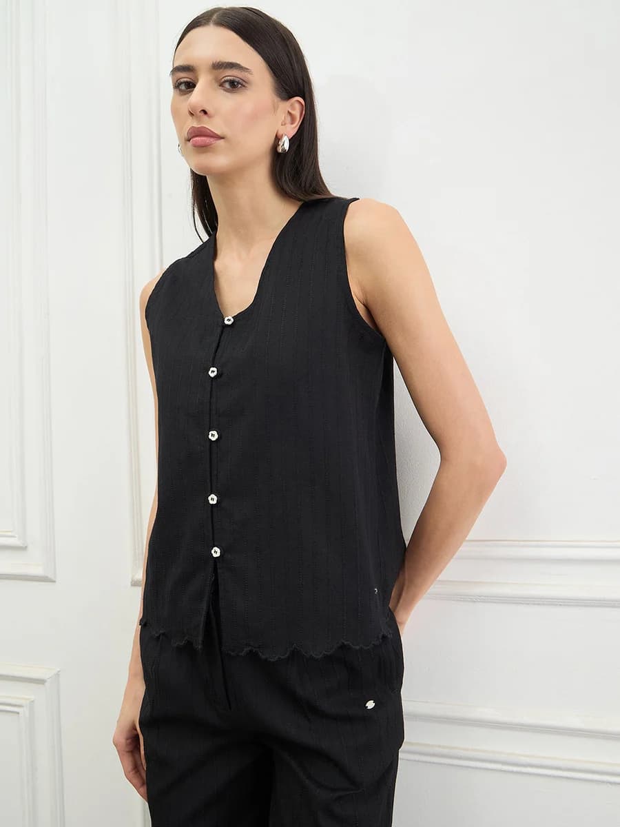 Elle Women Black Solid Straight Fit Pure Cotton Top