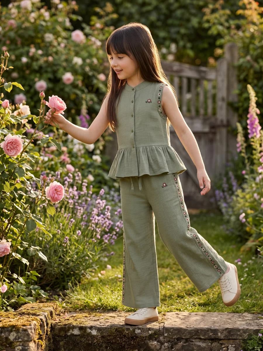 Elle Girls Green Embroidered Regular Fit Trouser