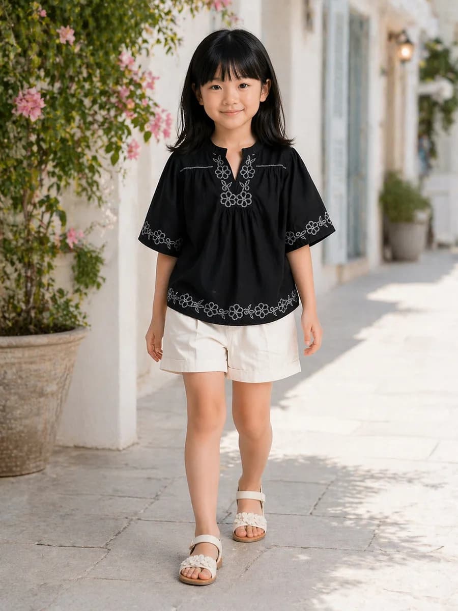 Elle Girls Black Embroidered Flared Pure Cotton Top