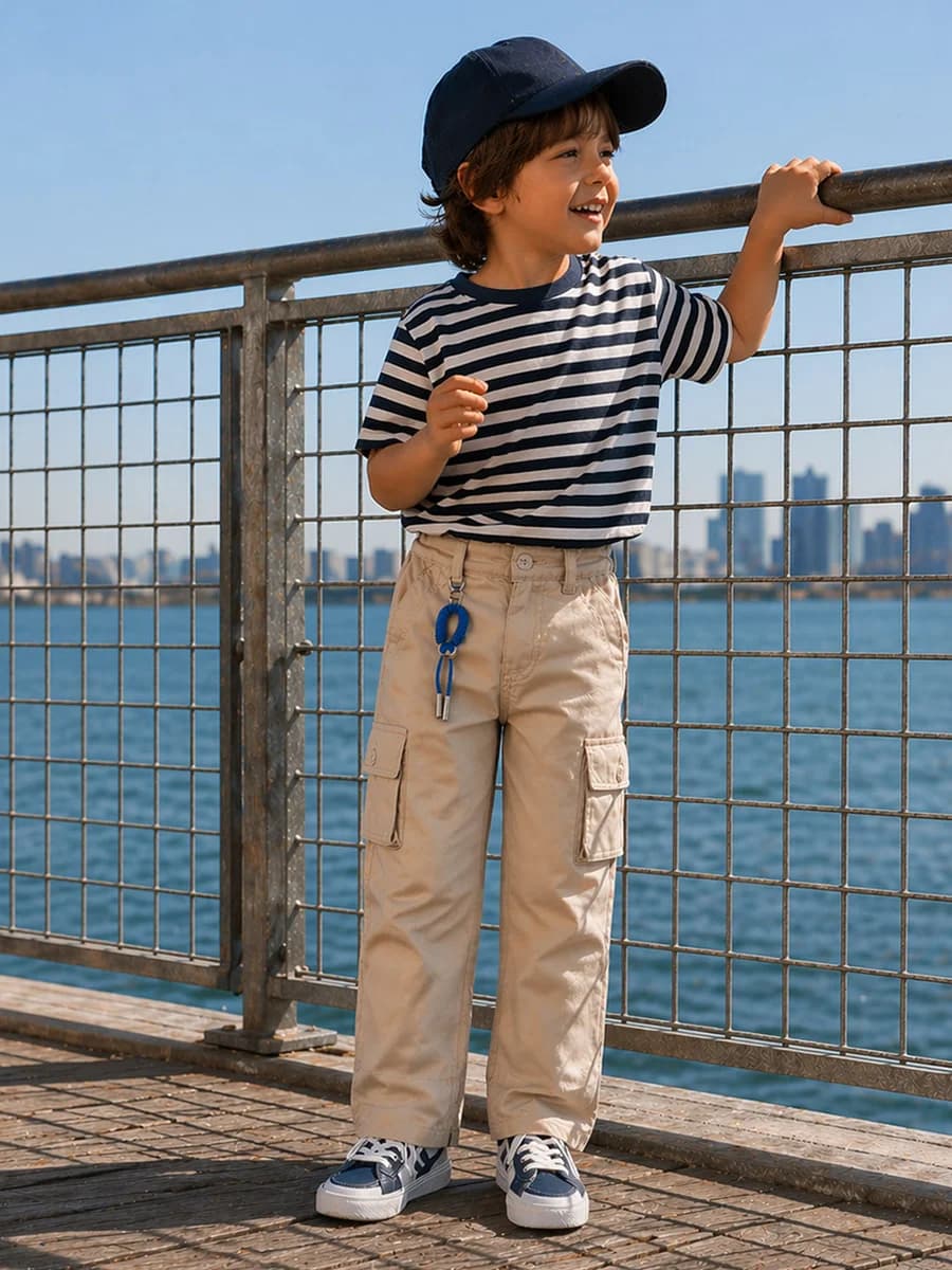 Blue Giraffe Boys Cream Solid Regular Fit Trouser