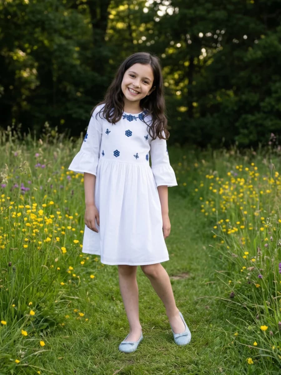 Elle White Cotton Solid Girls Dress