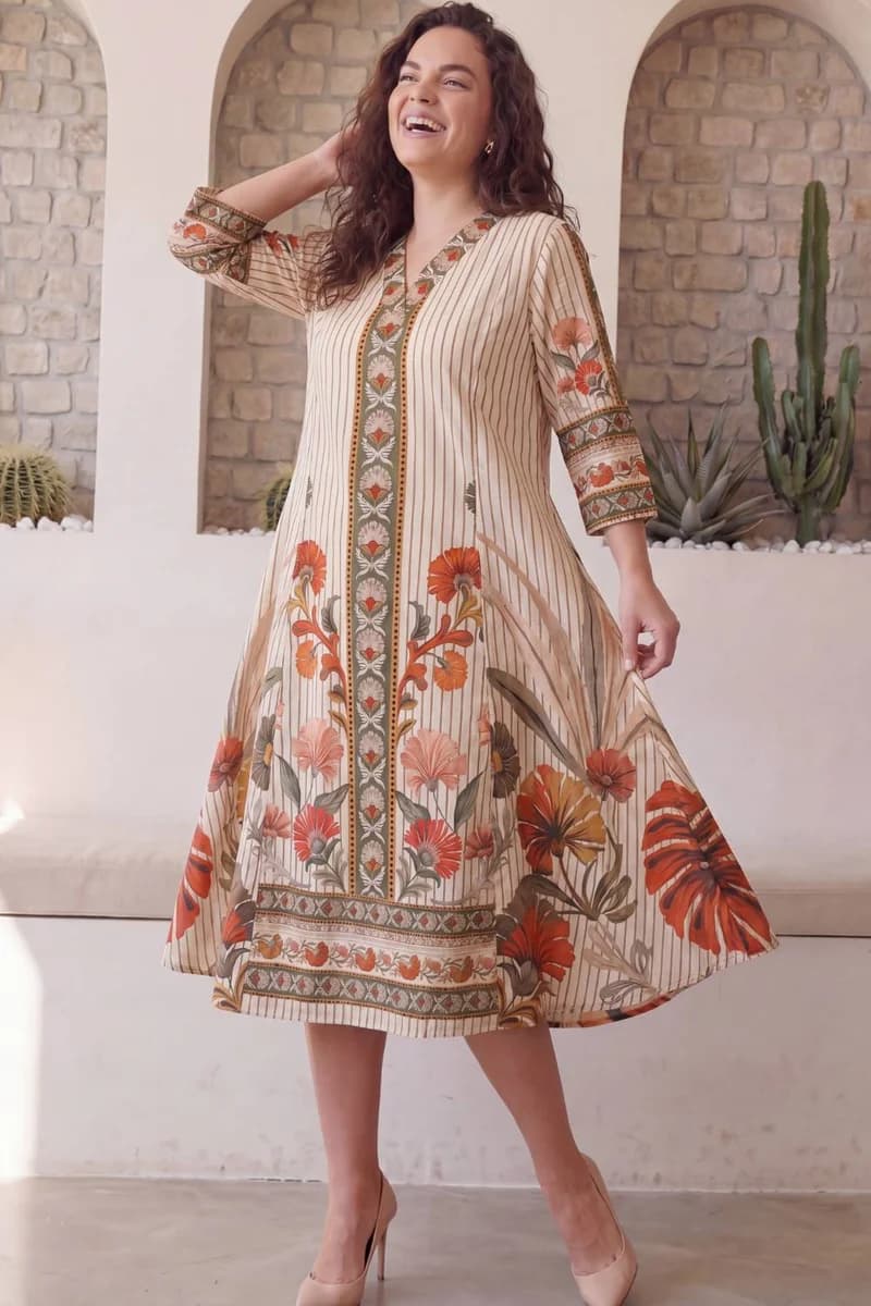 Floral Stripe Grace Plus Size Midi Dress
